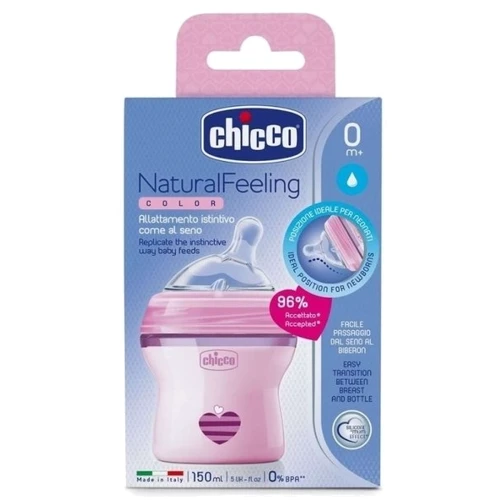 Пляшка пластикова Chicco Natural Feeling 150мл. соска силіконова 0 + нормальний потік (рожева) (80811.11): Матеріал пластик
