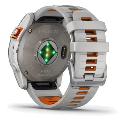 Смарт-часы Garmin Fenix 7X Pro Sapphire Solar Titanium with Fog Gray/Ember Orange Band (010-02778-15): Фитнес-функции Шагомер, Умный будильник, Секундомер, Пульсометр, Пульсоксиметр, Подсчет калорий, Альтиметр, GPS-модуль