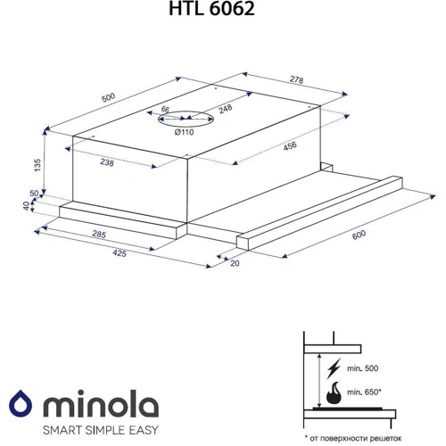 Вытяжка Minola HTL 6062 I/BL GLASS 450 LED: Управление Механическое