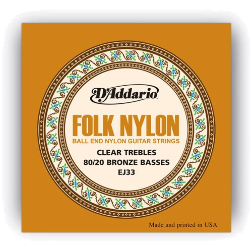 Струна для гитар Струны D`ADDARIO EJ33 FOLK NYLON 80/20 Bronze Ball End Clear Treble