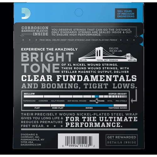 Струна для гитар Набор струн D'addario EXL170 XL Nickel Wound Bass Regular Light (45-100): Назначение Для бас-гитары