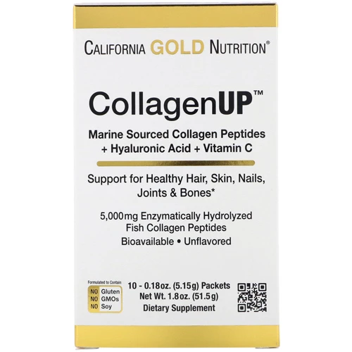 California Gold Nutrition CollagenUp, Marine Hydrolyzed Collagen + Hyaluronic Acid + Vitamin C, Unflavored, 10 Packets, 0.18 oz (5.15 g) Each