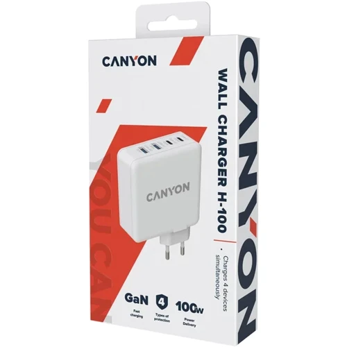 Зарядное устройство Canyon Wall Charger H-100 2xUSB-C+2xUSB GaN 100W White (CND-CHA100W01): Сила тока 2.4А и более
