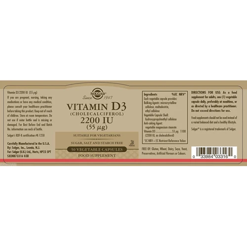 Solgar Vitamin D3 (Cholecalciferol) 2200 IU 50 Vegetable Capsules: Тип Витамин D