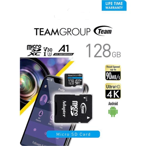 Карта пам'яті Team 128GB microSDXC UHS-I U3 V30 A1 ELITE + adapter (TEAUSDX128GIV30A103): Клас карти A1, V30, U3, UHS-I
