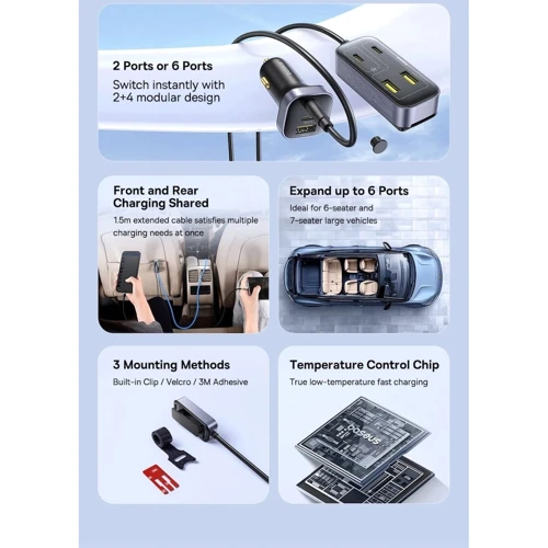 Зарядное устройство Baseus Car Charger 3xUSB+3USB-C BackseatPal L1 Black (C00081100121-00): Количество USB-портов 6