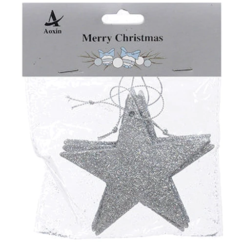 Набір новорічних прикрас Зірка, 10см, 4шт, пластик, сріблястий