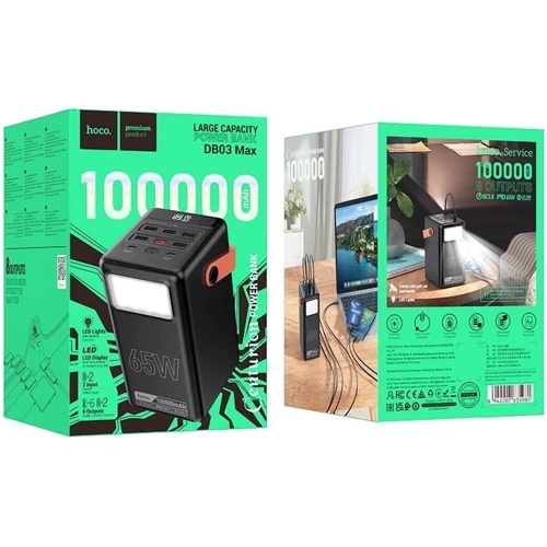 Внешний аккумулятор Hoco Power Bank 100000mAh DB03 Max Centurion 65W Black: Особенности С дисплеем, Фонарик, Индикатор заряда, быстрая зарядка