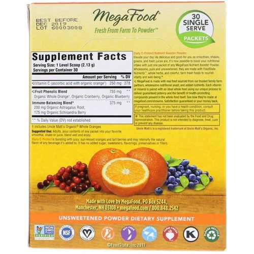 MegaFood Nutrient Booster Powder Daily C-Protect Ежедневный комплекс питательных веществ с витамином C фруктовый вкус 30 пакетиков: Тип Комплексные