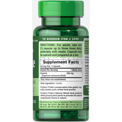 Puritan's Pride Cayenne (Capsicum) 450 mg 100 caps Кайенский перец: Форма выпуска Капсулы