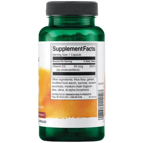 Swanson Vitamin D3 Bone and Immune Health 2000 IU (50mcg) Вітамін D3 250 капсул: Тип Витамин D
