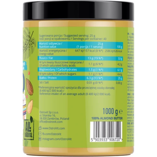 Миндальное масло хрустящее OstroVit 100% Almond Butter 1000 g / 40 servings: Пол Унисекс