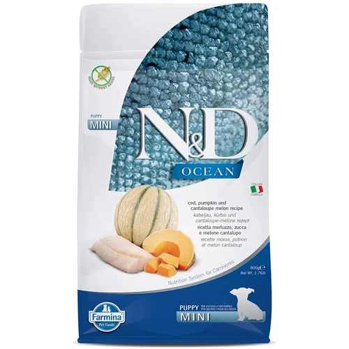 Беззерновой сухой корм Farmina N&D Grain Free Ocean Pumpkin & Cantaloupe Melon Puppy Mini для щенков мелких пород с треской и дыней 800 г (173?412)