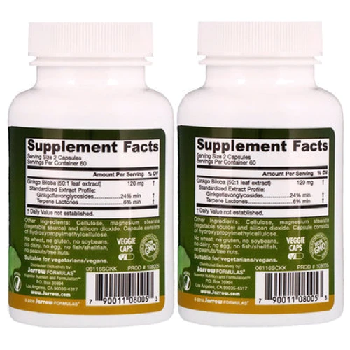Jarrow Formulas Ginkgo Biloba 50:1 60 mg 2 Bottles 120 Veggie Caps Each Гинкго Билоба: Форма выпуска Капсулы