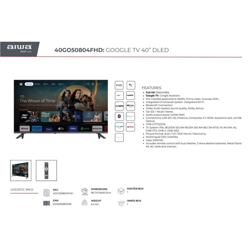Телевізор Aiwa 40GO50804FHD: Екран 40" (1920x1080)