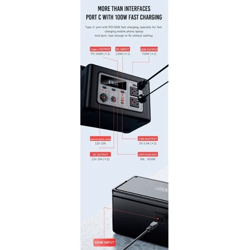 XO Power Station 614Wh 700W Black (PSA-700): Выходы потребителей Автоприкуриватель, USB-C, USB-A, 220V