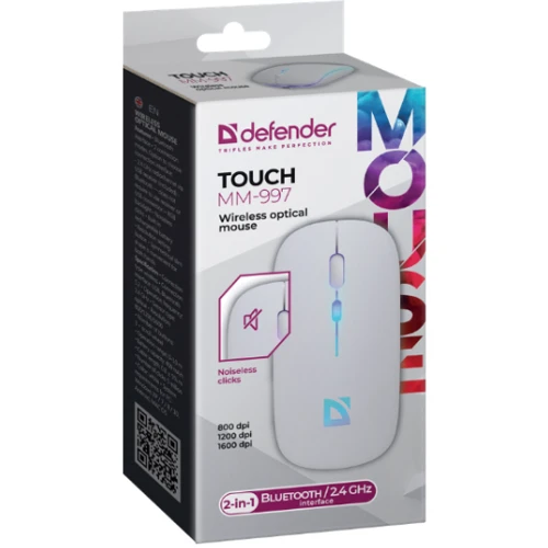 Мышь Defender Touch MM-997 Silent RGB Wireless RGB White (52998): Эргономика симметричная для левшей