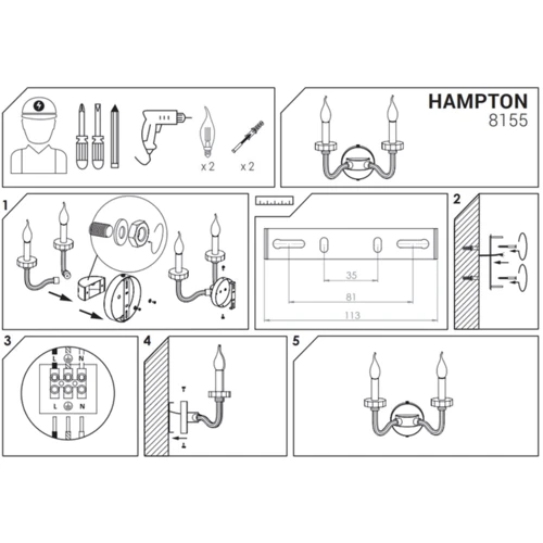 Бра Nowodvorski 8155 Hampton Е14 2x40W IP20 Chrom
