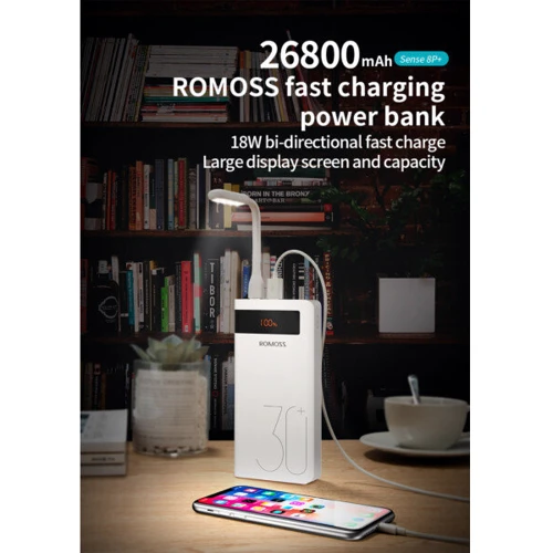 Зовнішній акумулятор Romoss Power Bank 30000mah Sense8P+ White (PHP30-515-1134): Особливості З дисплеєм, індикатор заряду, швидка зарядка