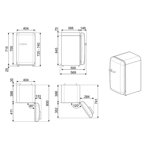 Холодильник Smeg FAB5RRD5: Размеры 72.5х40.4х50 см