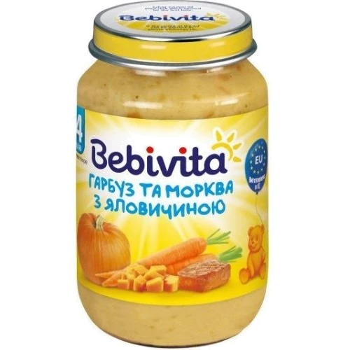 Пюре BEBIVITA Тыква и морковь с говядиной, 190г (9007253104197)