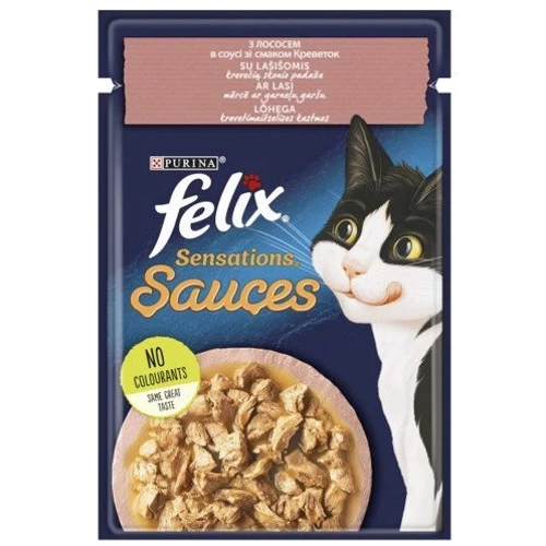 Влажный корм для котов Felix Sensations Sauces с лососем в соусе и со вкусом креветок 100 г (7613036075930)