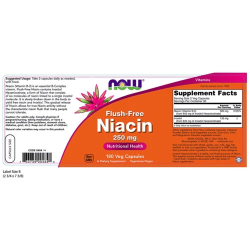 NOW Foods Flush-Free Niacin 250 mg 90 VCAPS Ніацин (Вітамін В-3): Тип вітамін B