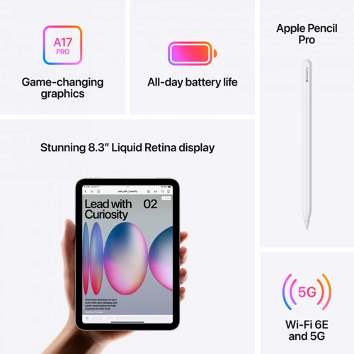 Планшет Apple iPad mini 8.3" 2024 Wi-Fi + Cellular 512GB Blue (MYHD3NF/A) UA: Процессор Apple A17 Pro / 6‑ядерный процессор с 2 ядрами производительности и 4 ядрами эффективности / 16‑ядерная система Neural Engine