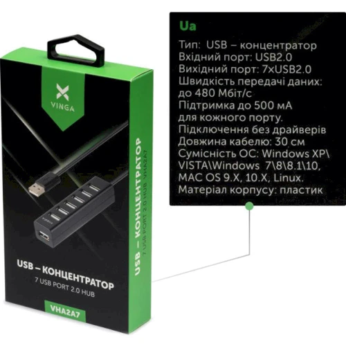 Адаптер Vinga Adapter USB to 7xUSB2.0 Black (VHA2A7) фото 3