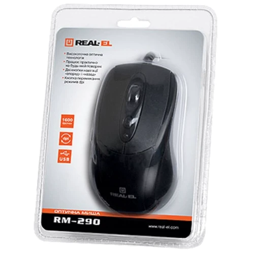 Мышь REAL-EL RM-290, USB, black: Интерфейс подключения проводная USB