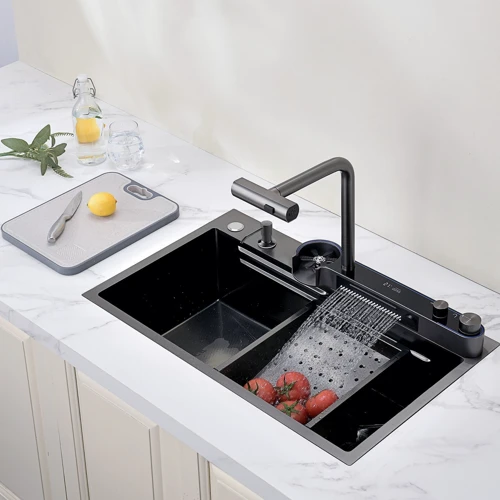 Кухонная мойка Lefton Two Outlets Waterfall Faucet Kitchen Sink with Digital Temperature Display & LED Lighting-KS2208: Габариты чаши (ШxГxВ), см 70x35x23