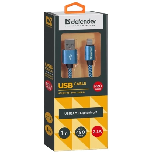 Кабель Defender USB Cable to Lightning 2.1A 1m Blue (87811)