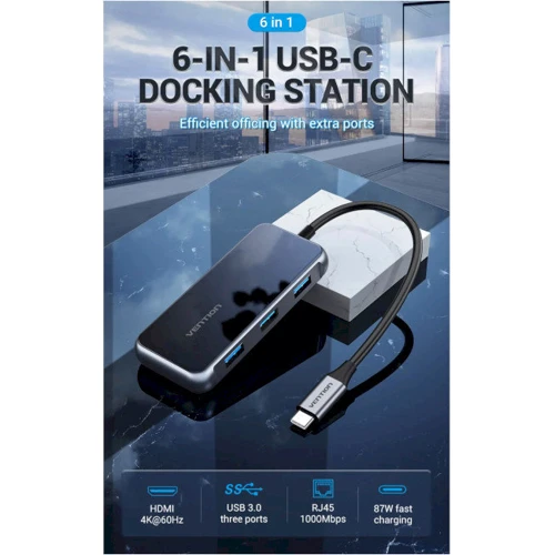 Адаптер Vention Adapter USB-C to HDMI+3xUSB3.0+RJ45+PD 87W (TFFHB): Цвет черный
