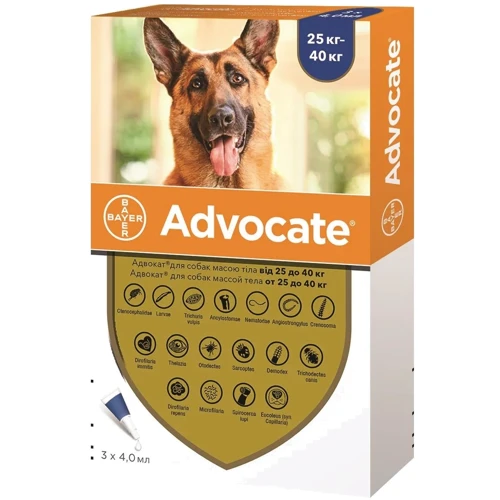 Капли на холку для собак Bayer/Elanco Advocate 25-40 кг 3 шт по 4 мл (91030 1x3)