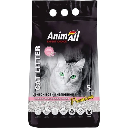 Наполнитель для кошачьего туалета AnimAll Бентонитовый белый с ароматом детской пудры 5 л (4820224500584)
