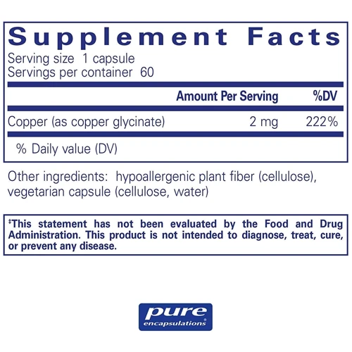 Pure Encapsulations Copper (glycinate) 2 mg 60 caps Медь глицинат: Тип Медь
