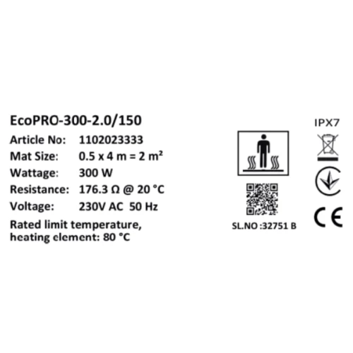 Мат нагревательный Warmstad Max EcoPRO-300-2.0/150 W/m2: Площадь обогрева, кв.м 2