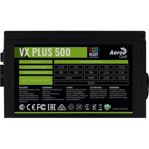 Блок питания Aerocool VX PLUS 500 RGB: Модульные (съемные) кабеля отсутствует
