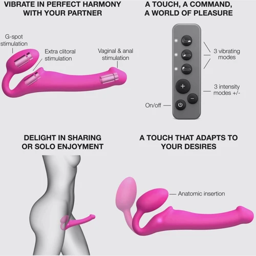 Безремневой страпон с вибрацией Strap-On-Me Vibrating Fuchsia M, регулируемый, пульт ДУ