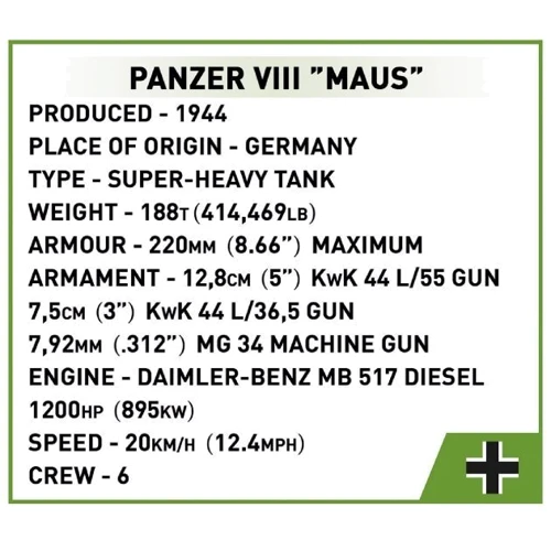 Конструктор Cobi Танк Maus 1:28 890 деталей (COBI-2559): Количество деталей, шт. 890