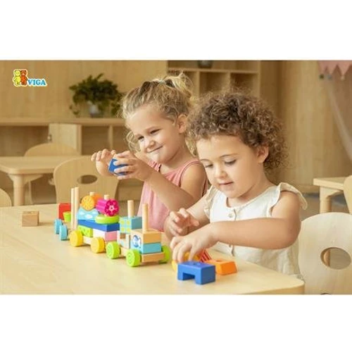Дерев'яна каталка-поїзд Viga Toys Барвисті кубики (50089)