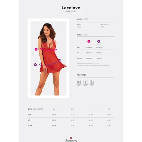 Прозрачная сорочка бэби-долл Obsessive Lacelove babydoll & thong M/L Red