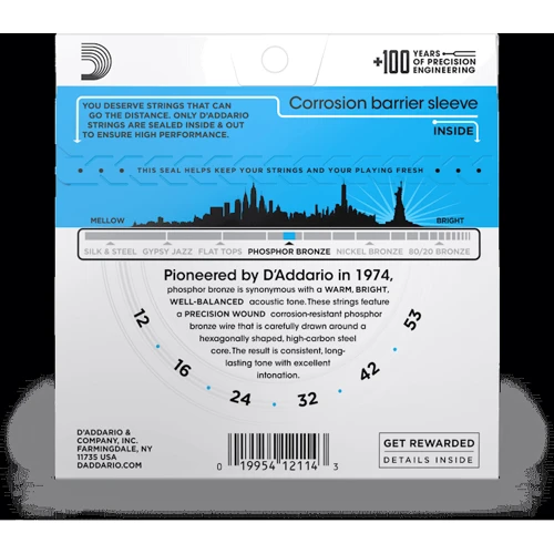 Струна для гитар Струны для акустической гитары D'ADDARIO EJ16 PHOSPHOR BRONZE REGULAR LIGHT (12-53): Назначение Для акустической гитары