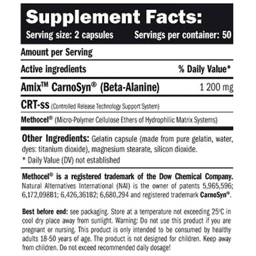 Аминокислота для спорта Amix Beta Alanine 600 mg/50 servings/ 100 capsules: Вкус Без вкуса