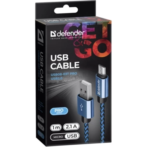 Кабель Defender PRO USB Cable to microUSB 1m Blue (87805): Длина 1 м