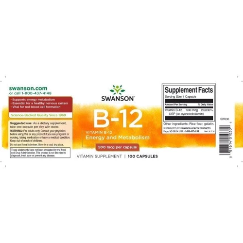 Swanson Vitamin B-12 500 mcg Вітамін В12 100 капсул: Тип вітамін B