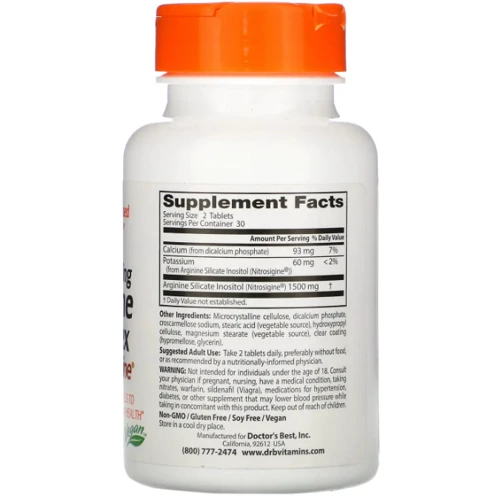 Doctor's Best Fast Acting Arginine Complex with Nitrosigine Аргинин с нитросигином 750 мг 60 таблеток: Тип Аргинин