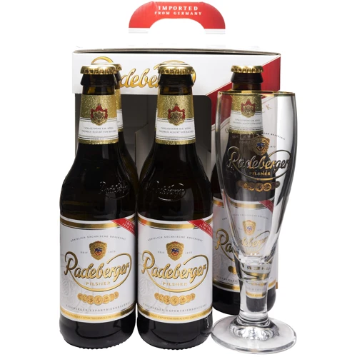 Подарочный набор пива Radeberger светлое фильтрованное 4.8% 5х0.33 л + бокал 0.2 л (4053400184043): Объем, л 1.65