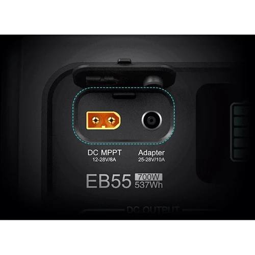 Зарядная станция Bluetti EB55 537Wh 700W UA: Разъемы для подзарядки DC-разъем, Зарядка от автомобиля, Зарядка от сети, Зарядка от солнечной панели, Зарядка от генератора