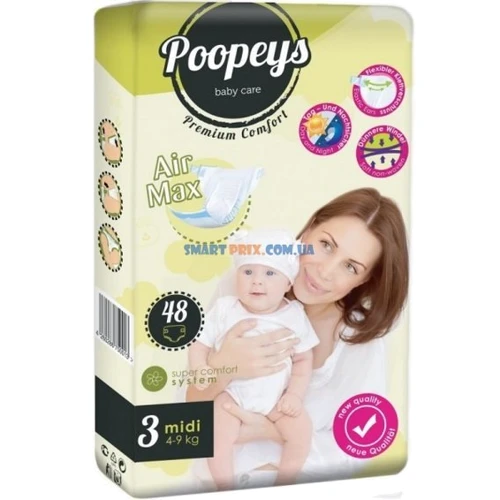 Poopeys подгузники Premium Comfort 3Midi (4-9кг) 48 шт